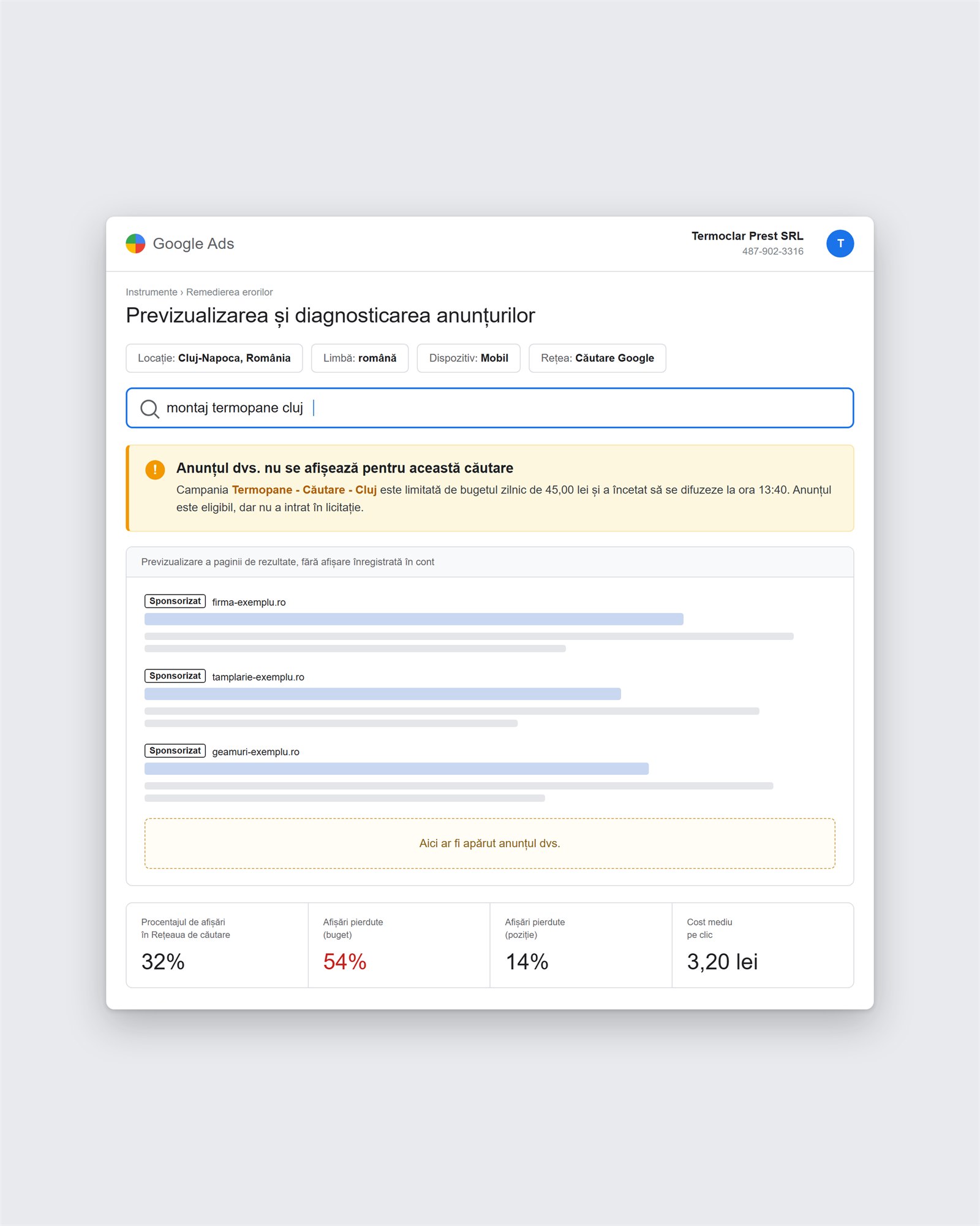 Instrumentul Google Ads pentru previzualizarea si diagnosticarea anunturilor, cu mesajul ca anuntul nu se afiseaza pentru ca este limitat de buget