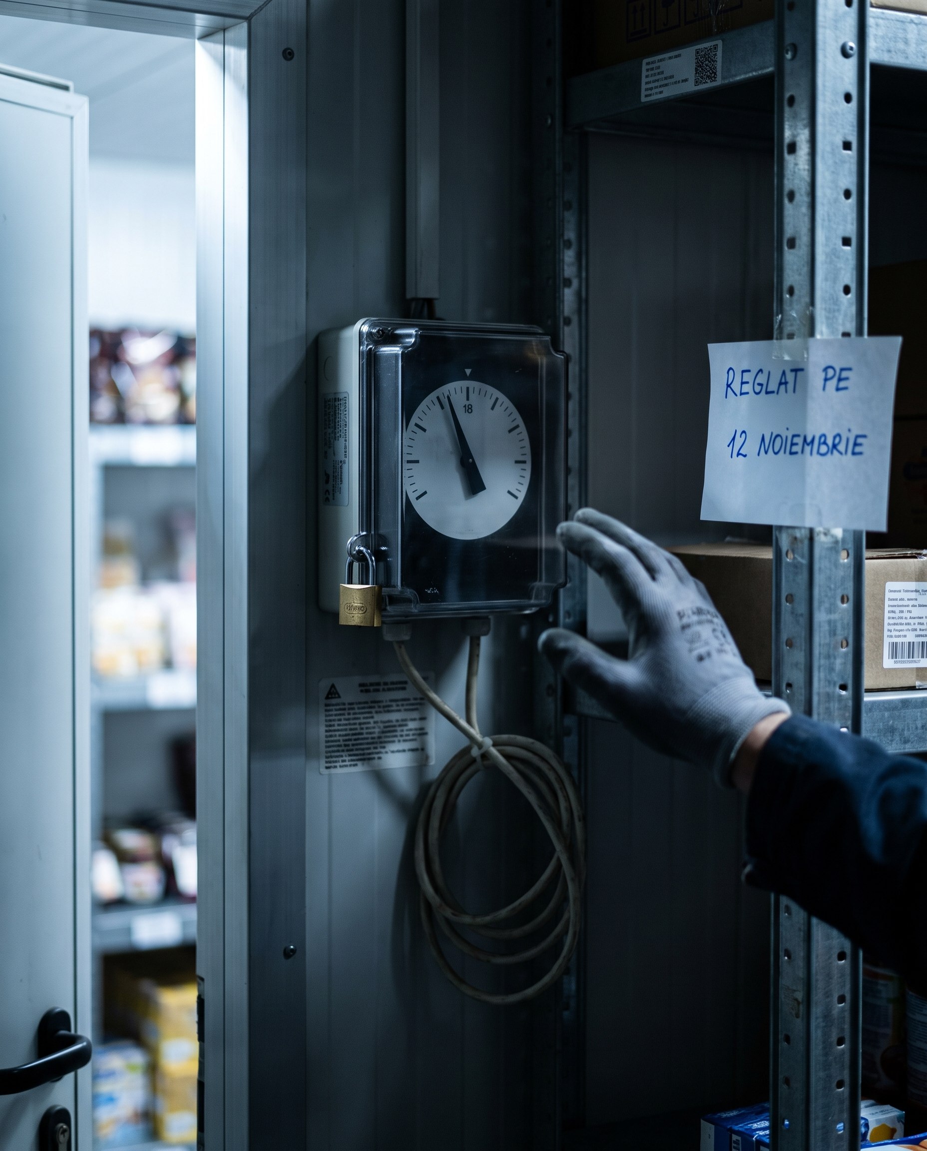 Termostat industrial cu capac transparent inchis cu lacat, intr-un depozit frigorific, cu o foaie scrisa de mana alaturi