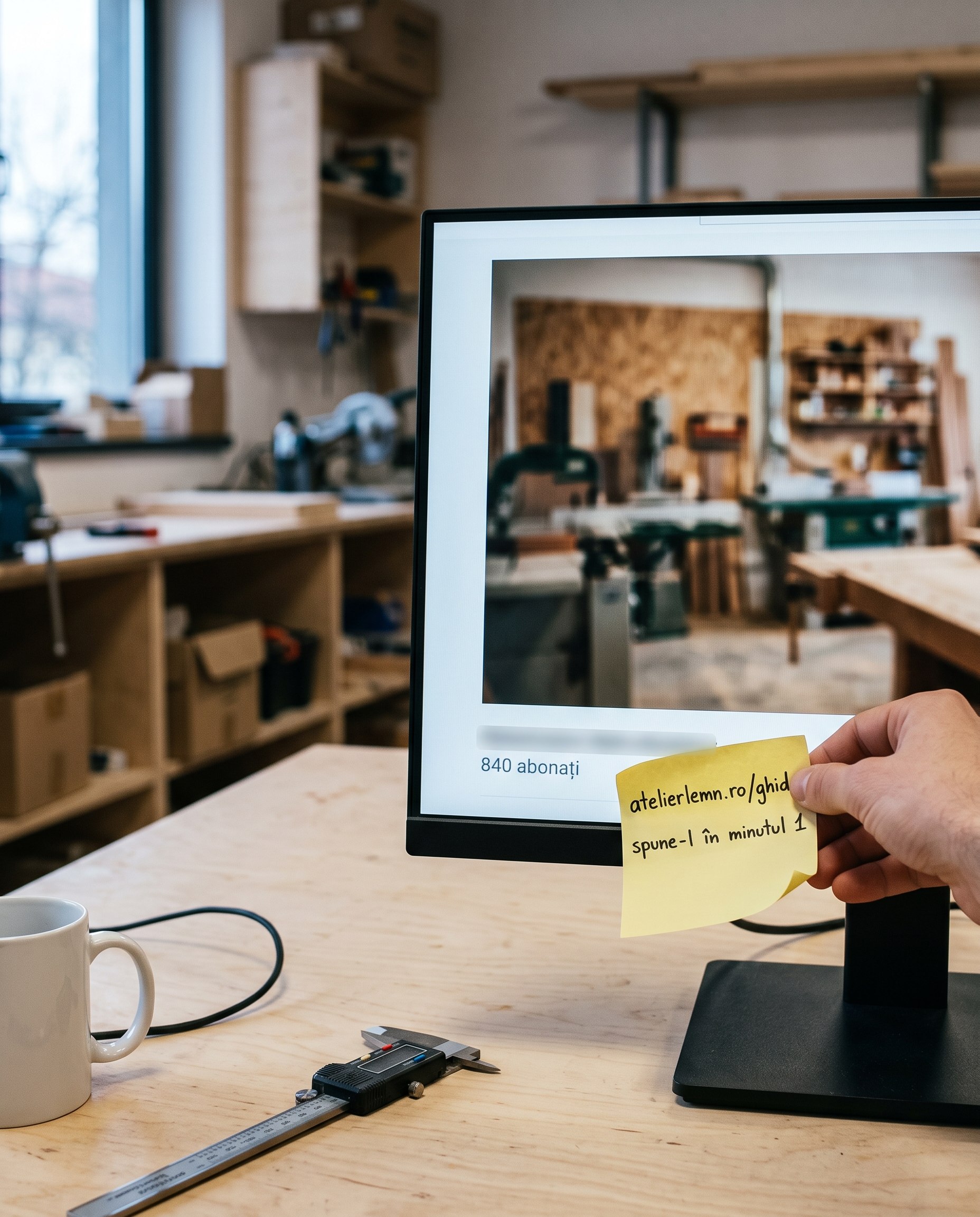 O persoană ține o notiță adezivă galbenă în fața ecranului unui computer pe care se vede un atelier. Pe notiță scrie: „atelierlemon.ro/ghid, spune-l în minutul 1.” Pe biroul din lemn se află o cană și un șubler.