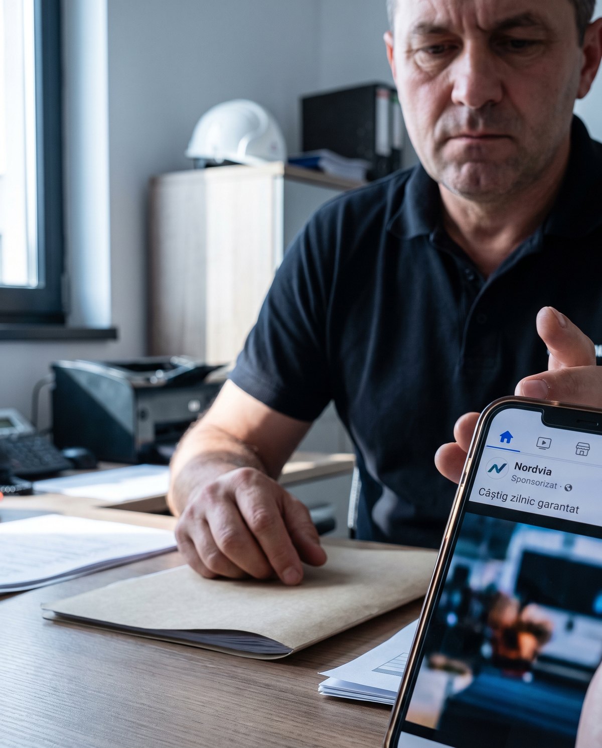 Antreprenor privind pe telefon o reclama sponsorizata falsa cu numele firmei sale
