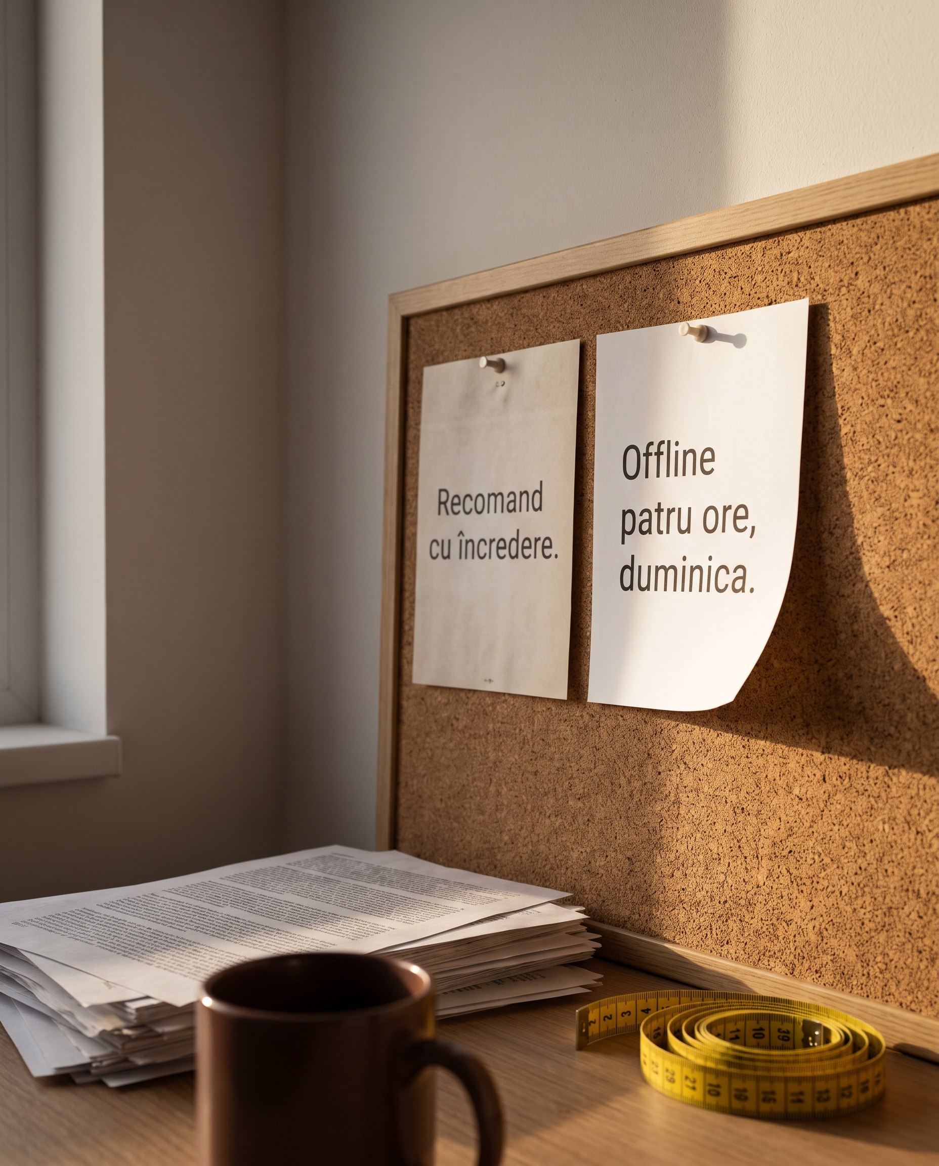 Pe un birou scăldat în lumina soarelui se află un panou de afișaj din plută. Pe acesta sunt fixate două hârtii: pe una scrie „Recomand cu încredere”, iar pe cealaltă „Offline patru ore, duminica”. Pe birou se află o grămadă de hârtii, o cană maro și o ruletă galbenă înfășurată.