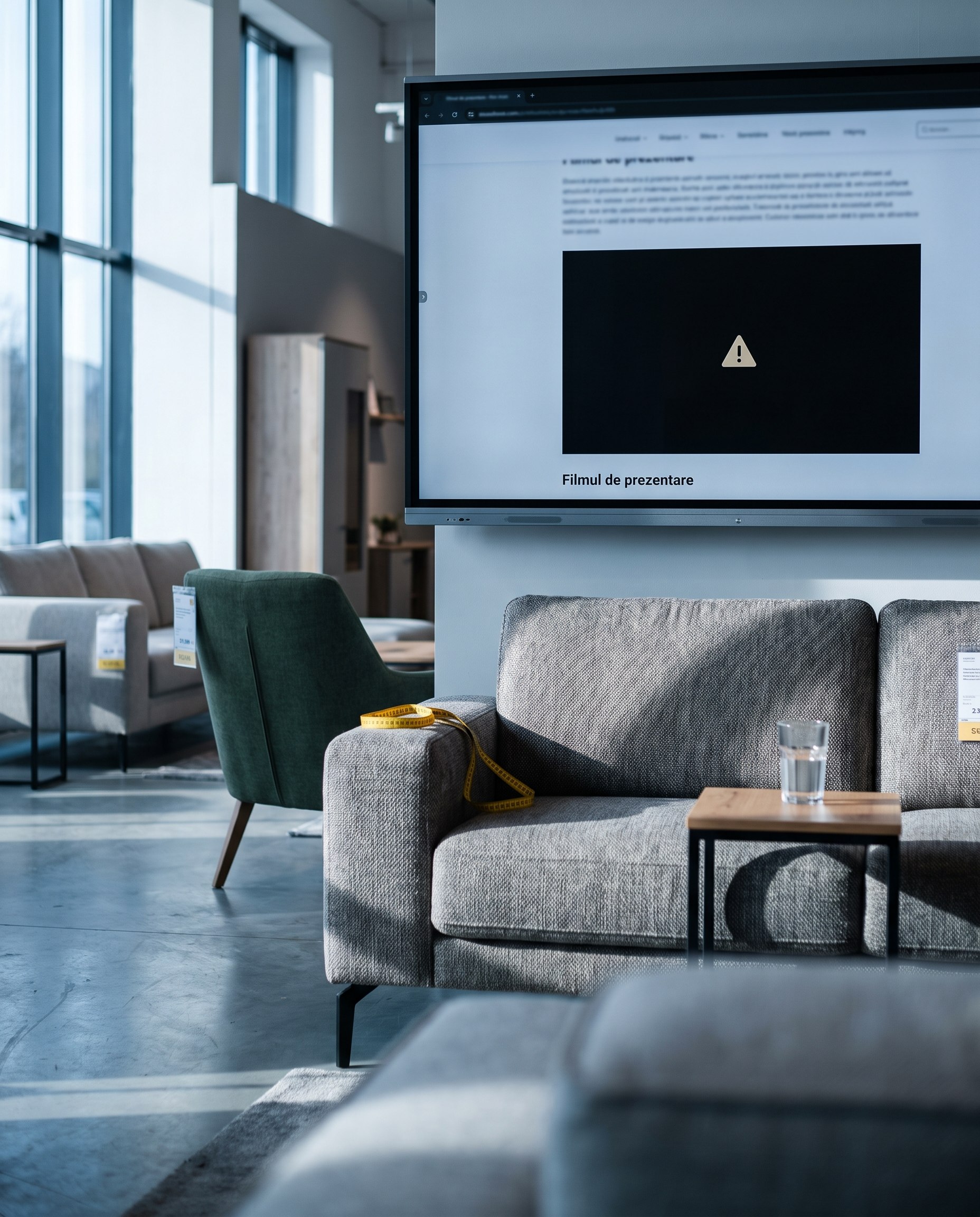 Ecran mare într-un showroom de mobilă, cu un dreptunghi negru în locul filmului de prezentare