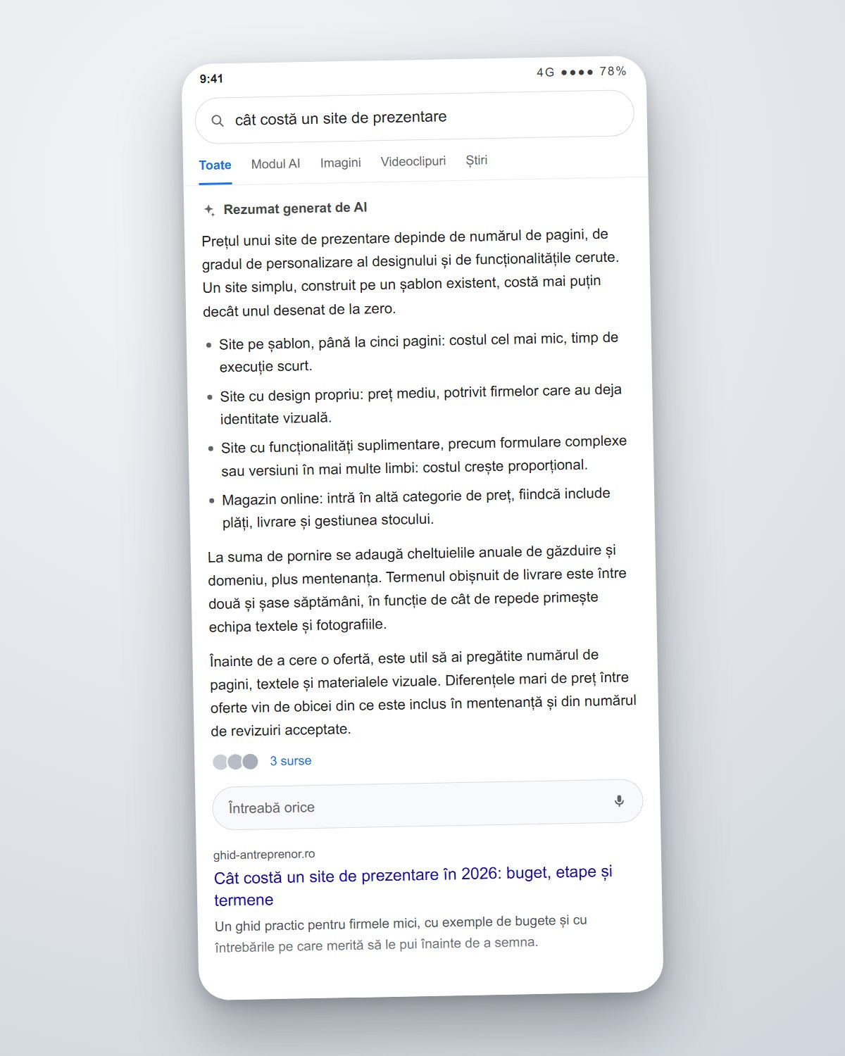 Reconstructie editoriala a unui ecran de cautare Google in care rezumatul generat de AI ocupa tot ecranul, iar primul rezultat organic apare abia jos, estompat.