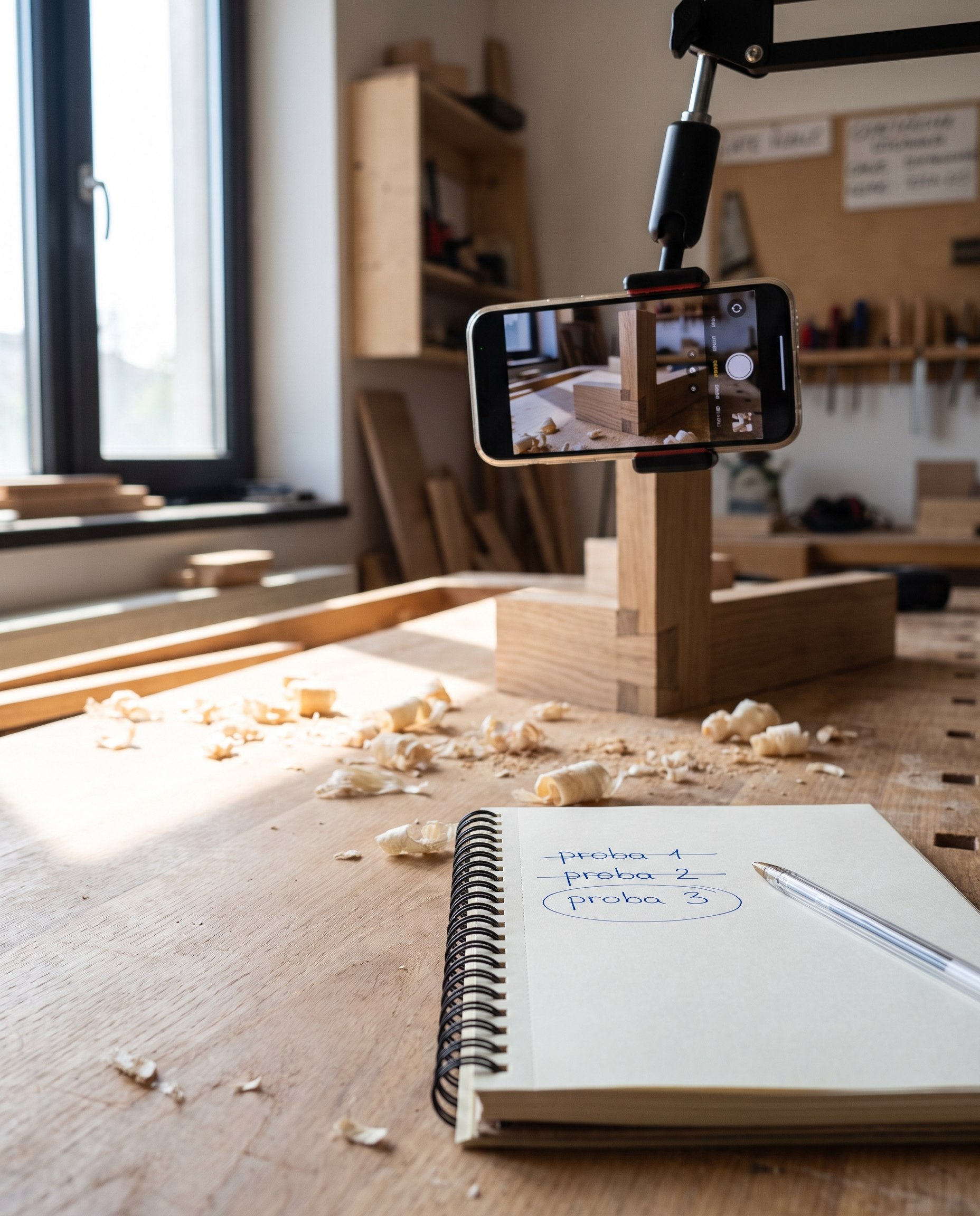 Un smartphone filmează o operațiune de prelucrare a lemnului pe un banc de lucru, înconjurată de așchii. În prim-plan, pe masă se află un caiet cu spirală deschis, intitulat „proba 1, proba 2, proba 3”, și un stilou. În fundal se văd rafturi și unelte.